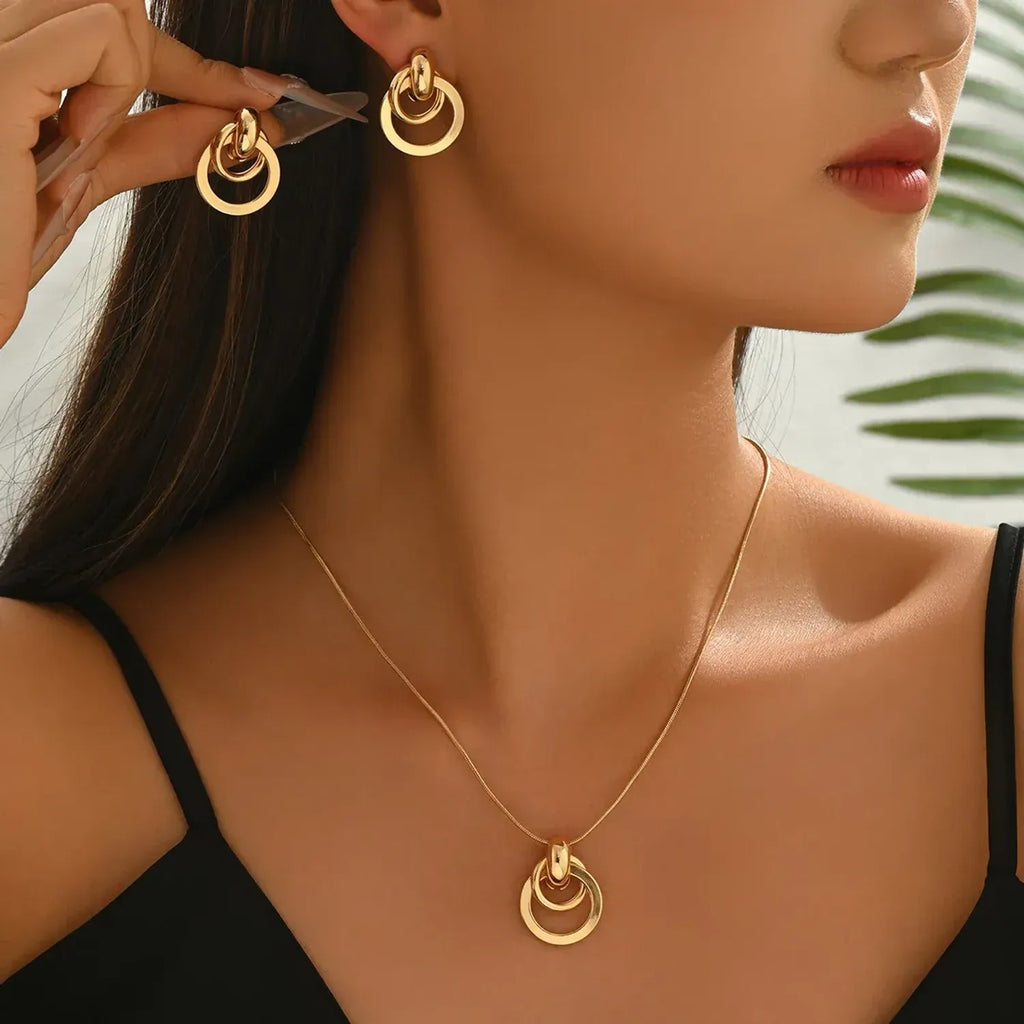 Hot Selling Cross-border European American Jewelry Set, Geometric Smooth Metal Design Necklace & Matching Earrings, Premium Versatile Daily Neck Ear Ornaments For Women