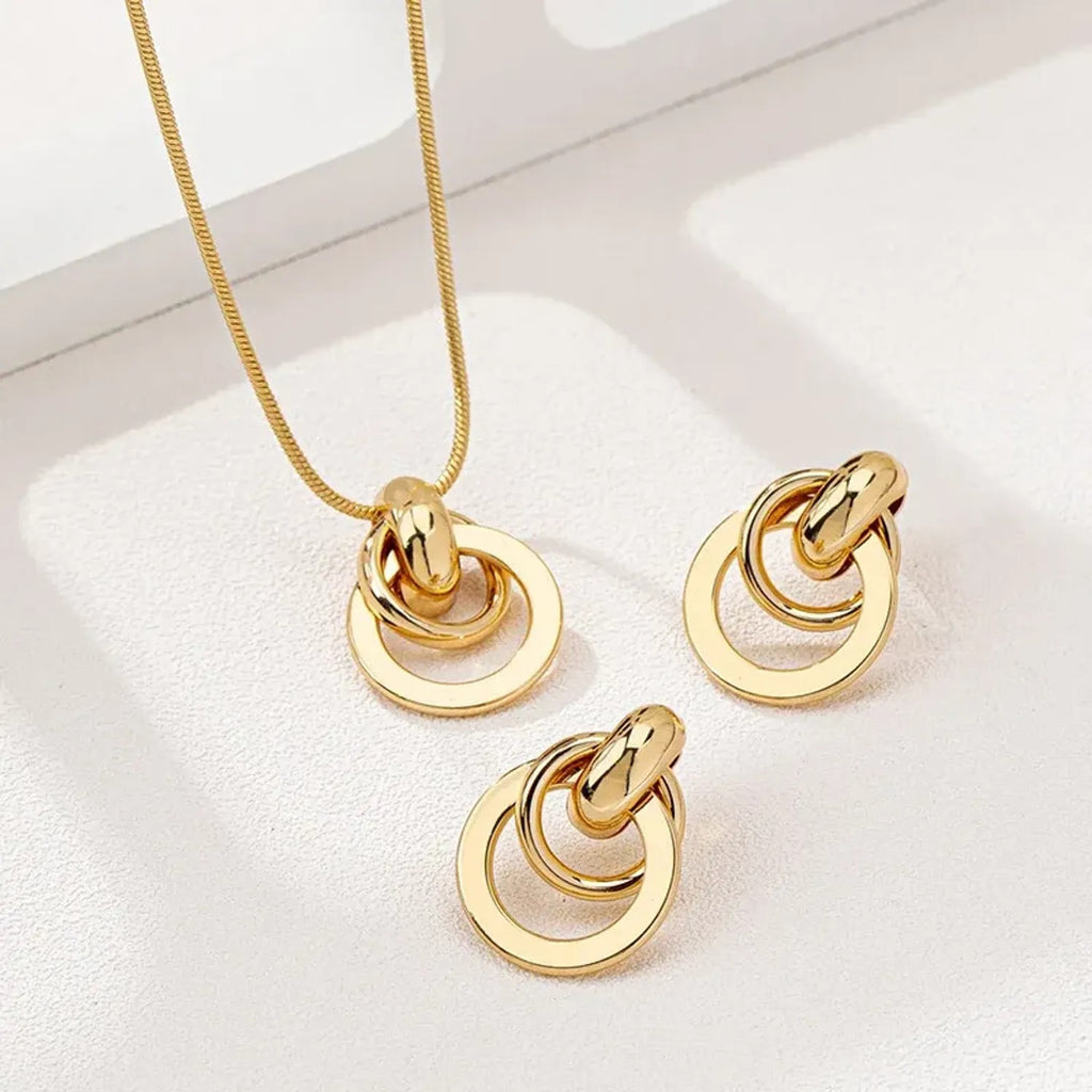 Hot Selling Cross-border European American Jewelry Set, Geometric Smooth Metal Design Necklace & Matching Earrings, Premium Versatile Daily Neck Ear Ornaments For Women