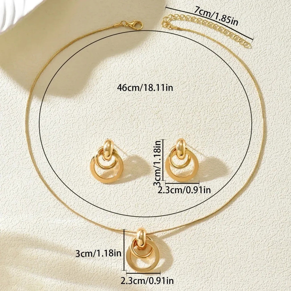 Hot Selling Cross-border European American Jewelry Set, Geometric Smooth Metal Design Necklace & Matching Earrings, Premium Versatile Daily Neck Ear Ornaments For Women