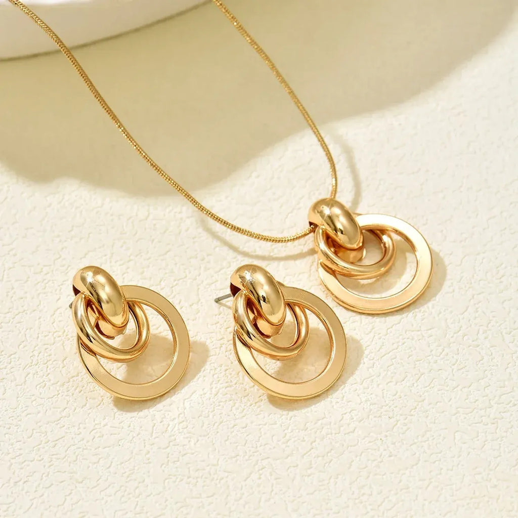 Hot Selling Cross-border European American Jewelry Set, Geometric Smooth Metal Design Necklace & Matching Earrings, Premium Versatile Daily Neck Ear Ornaments For Women