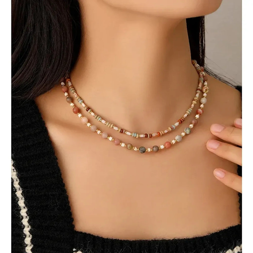 Retro Natural Stone Beaded Layered Collarbone Necklace for Women