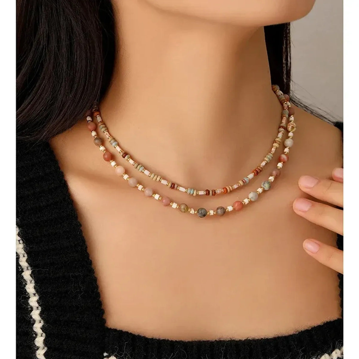 Retro Natural Stone Beaded Layered Collarbone Necklace for Women