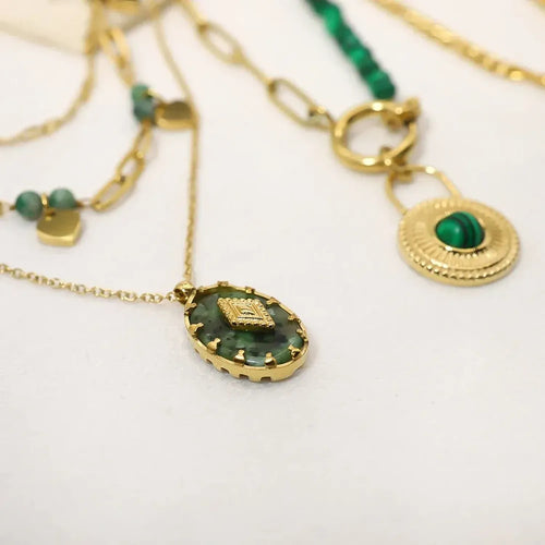 French vintage green malachite double layered 18K gold plated necklace - view 2