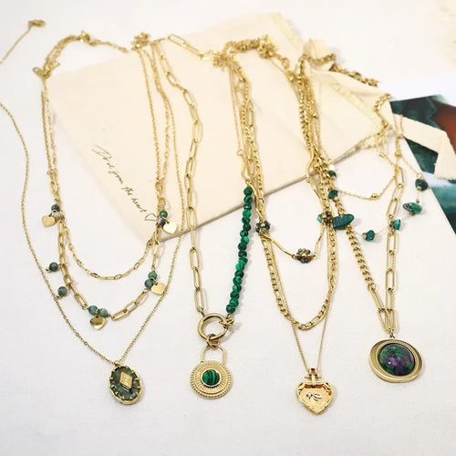French vintage green malachite double layered 18K gold plated necklace