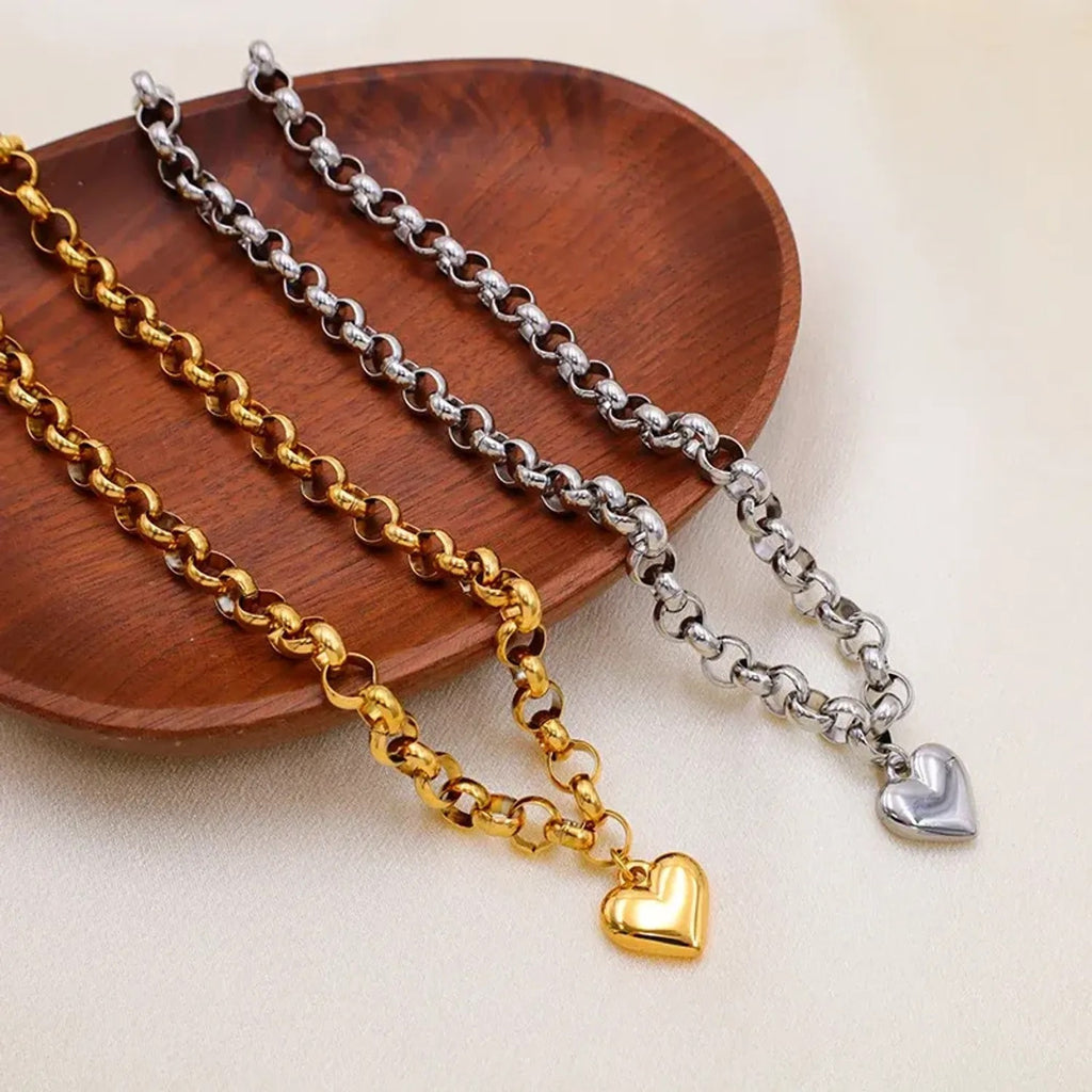 Women's Titanium Steel Heart Pendant Necklace and Bracelet Jewelry Set