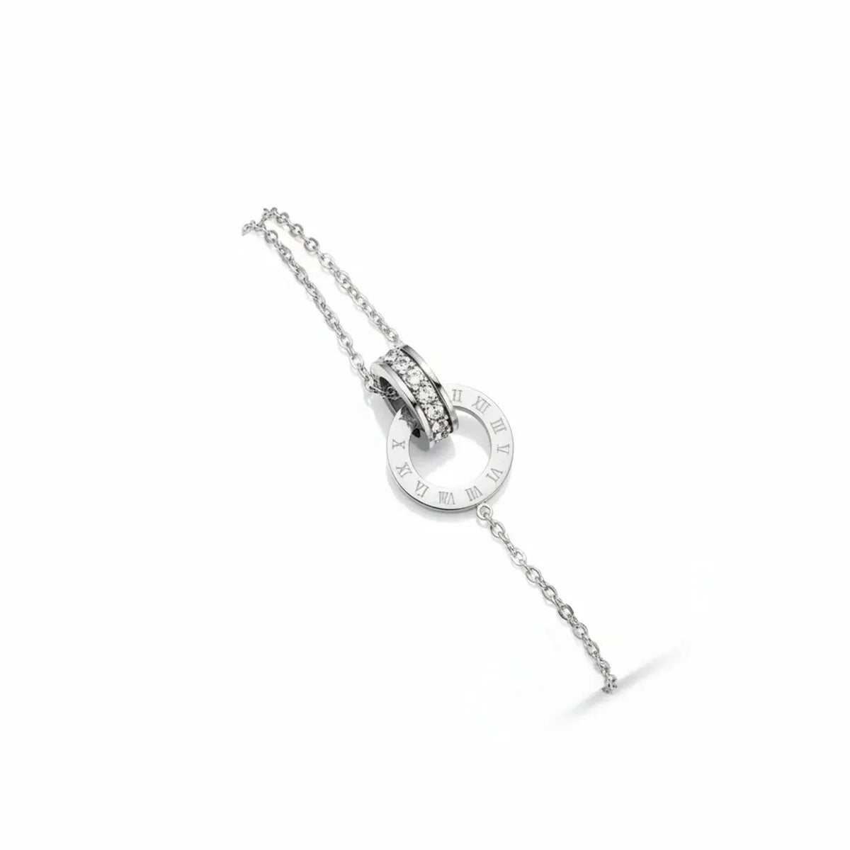 Interlocking Ring Roman Numeral Bracelet, Titanium Steel Cubic Zirconia Charm Bracelets for Women