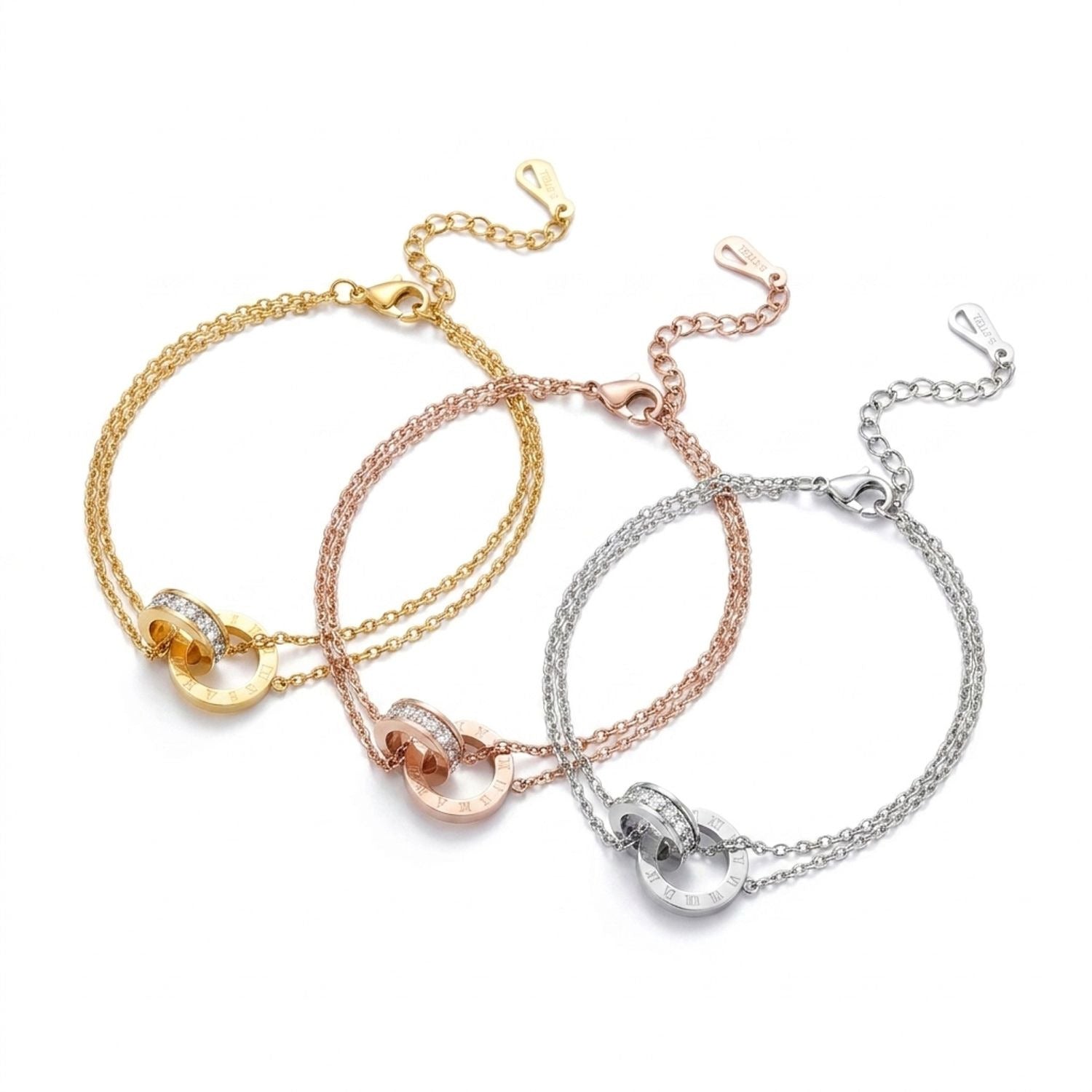 Interlocking Rings Roman Numeral Bracelet - Titanium Steel Cubic Zirconia Charm Bracelet for Women — all variants