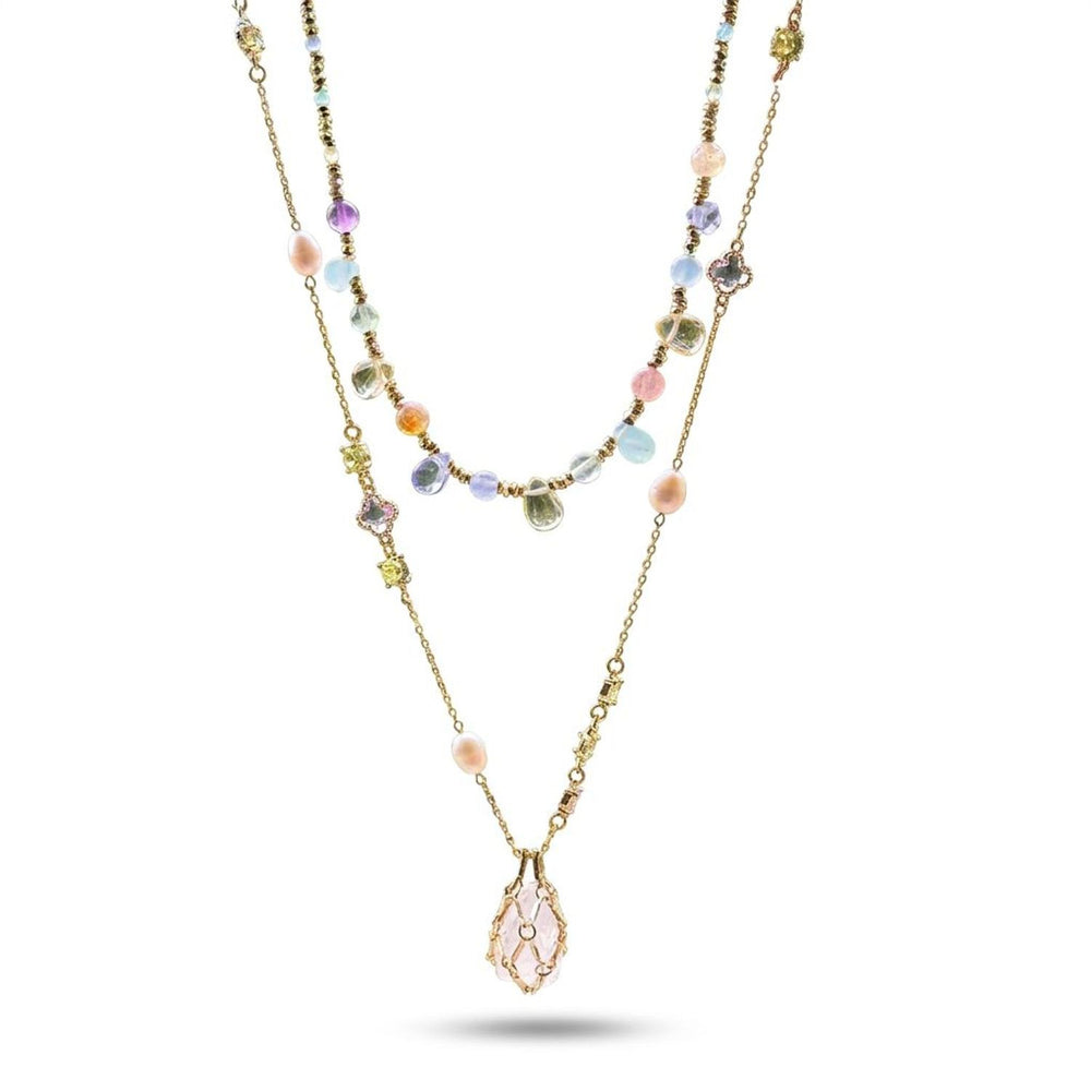 Layered Natural Stone & Crystal Teardrop Pendant Necklace Set - 18K Gold Plated Necklaces for Women