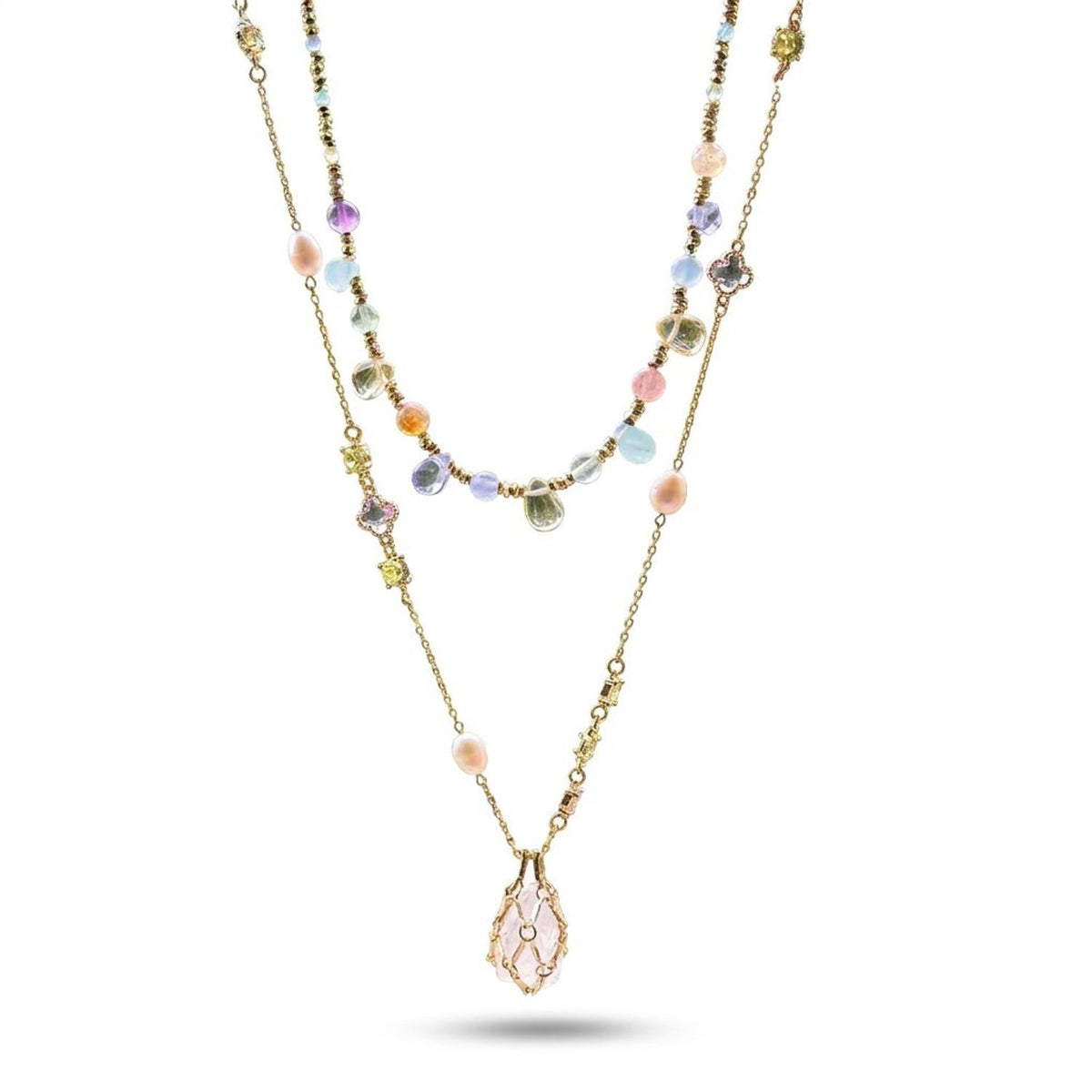 Layered Natural Stone & Crystal Teardrop Pendant Necklace Set - 18K Gold Plated Necklaces for Women