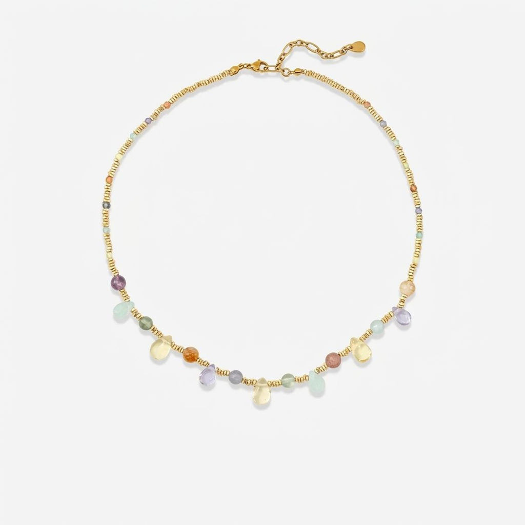 Layered Natural Stone & Crystal Teardrop Pendant Necklace Set - 18K Gold Plated Necklaces for Women