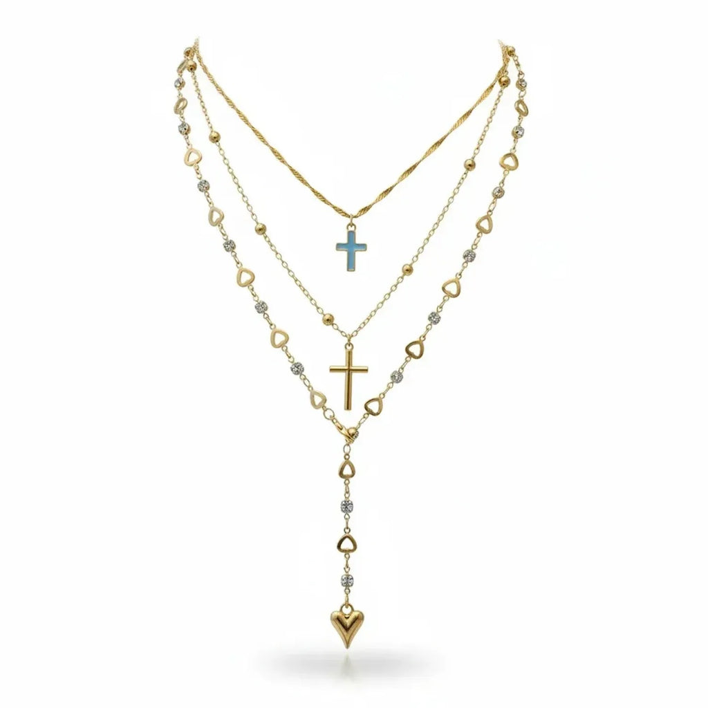 Layered Y-Shape Heart Pendant Necklace Set, Gold Tone 2-Piece Gold Chain