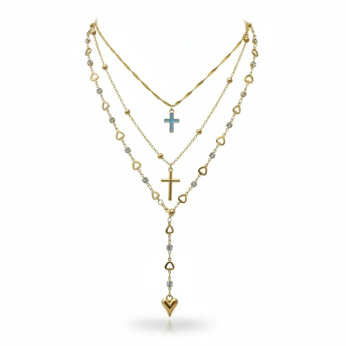 Layered Y-Shape Heart Pendant Necklace Set, Gold Tone 2-Piece Gold Chain