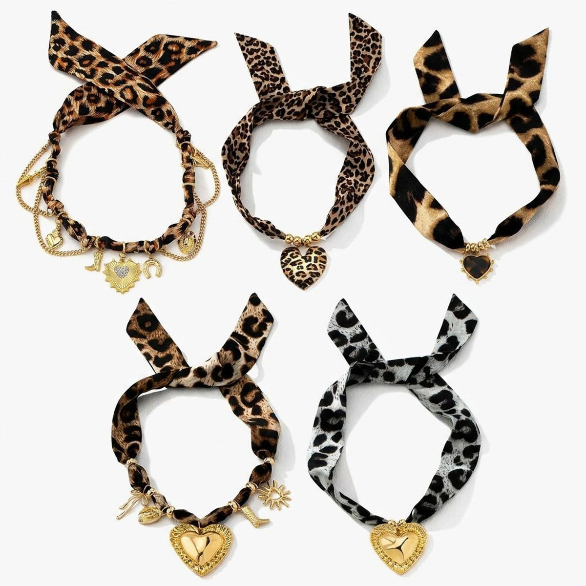 Leopard Satin Ribbon Heart Pendant Tie Choker Necklace, Adjustable — all variants
