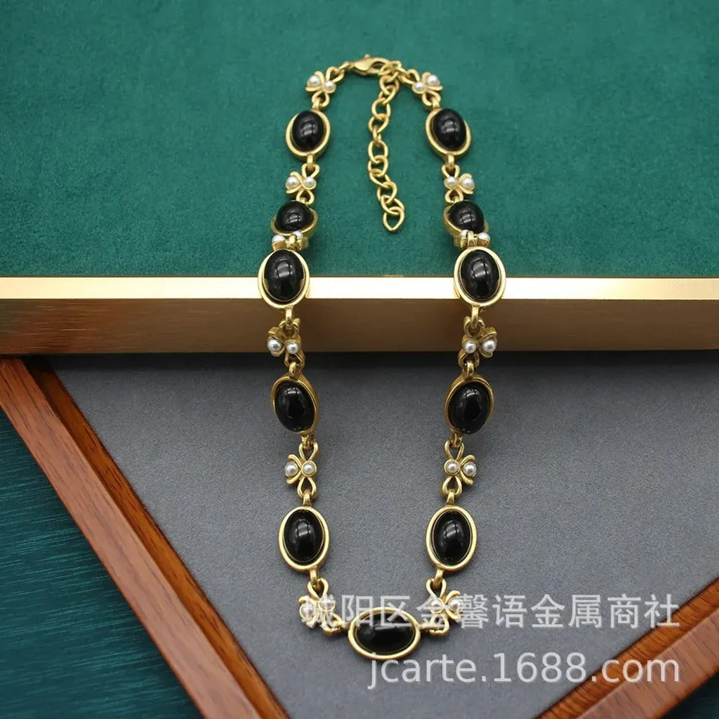 Antique Bow Glass Jewelry Set - Oval Pendant, Stud Earrings & Bracelet