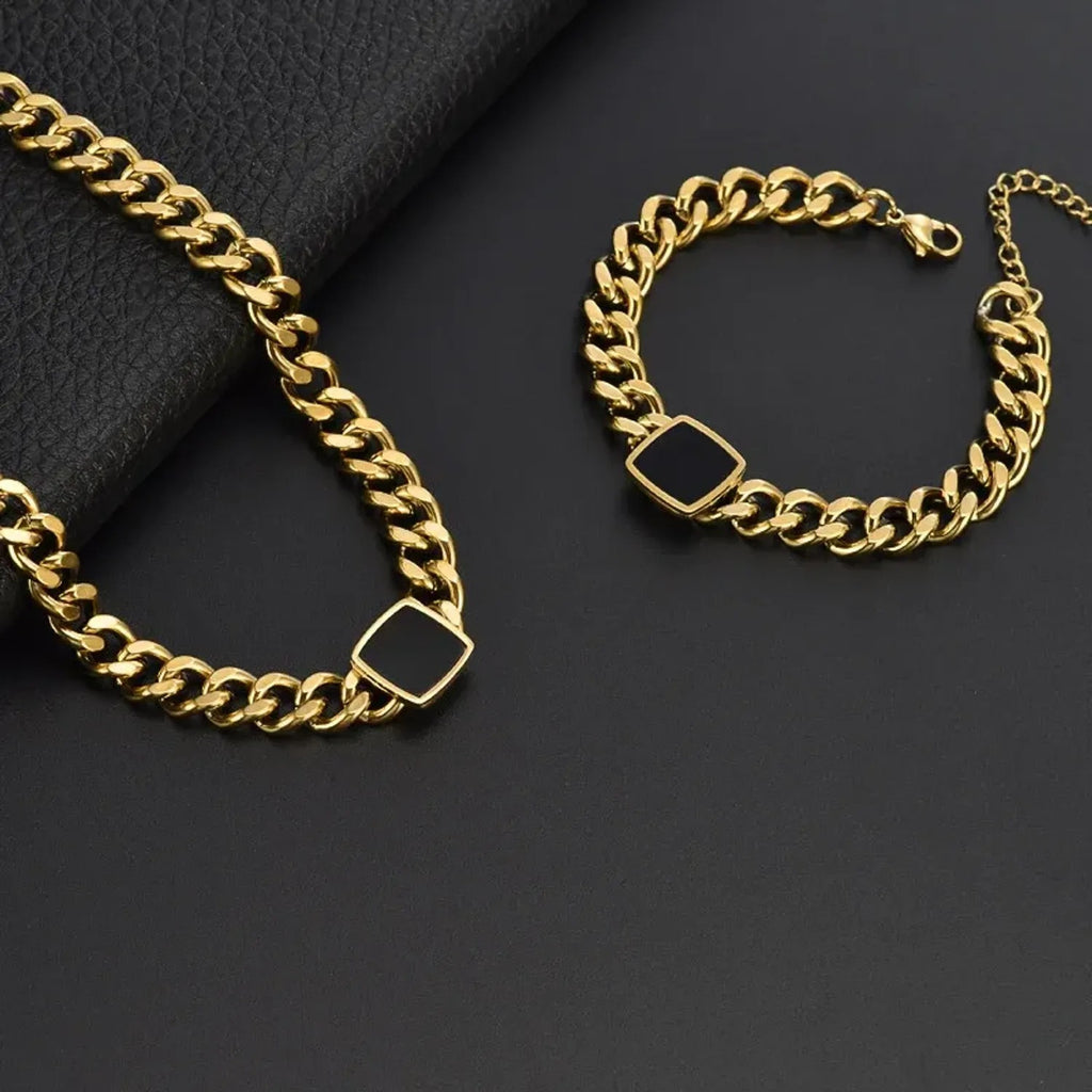 Black Shell Square Link Titanium Steel Gold Chain & Gold Necklace Set