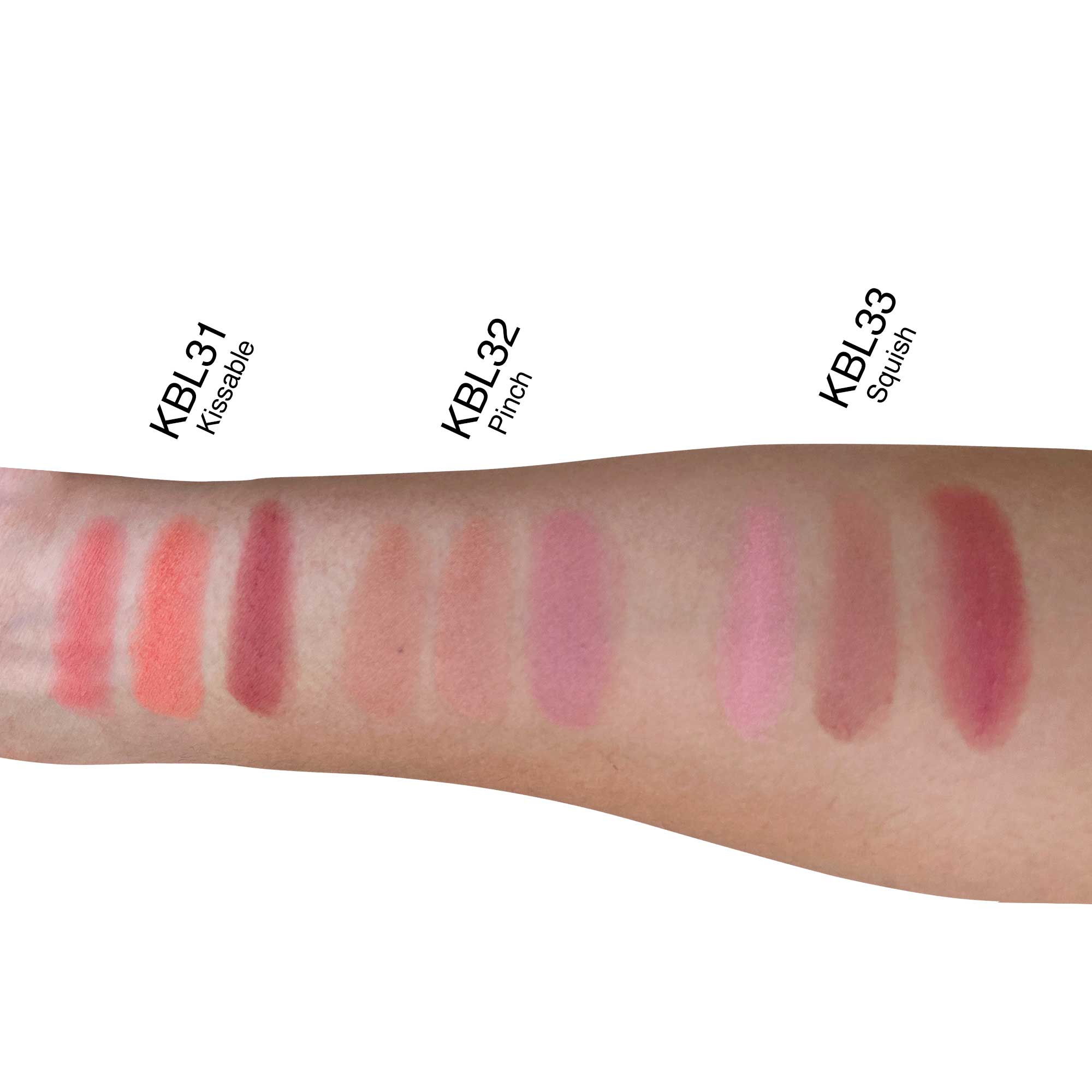 Linda's Look Blush Palette in Squish, swatches of the three powder blush shades on skin