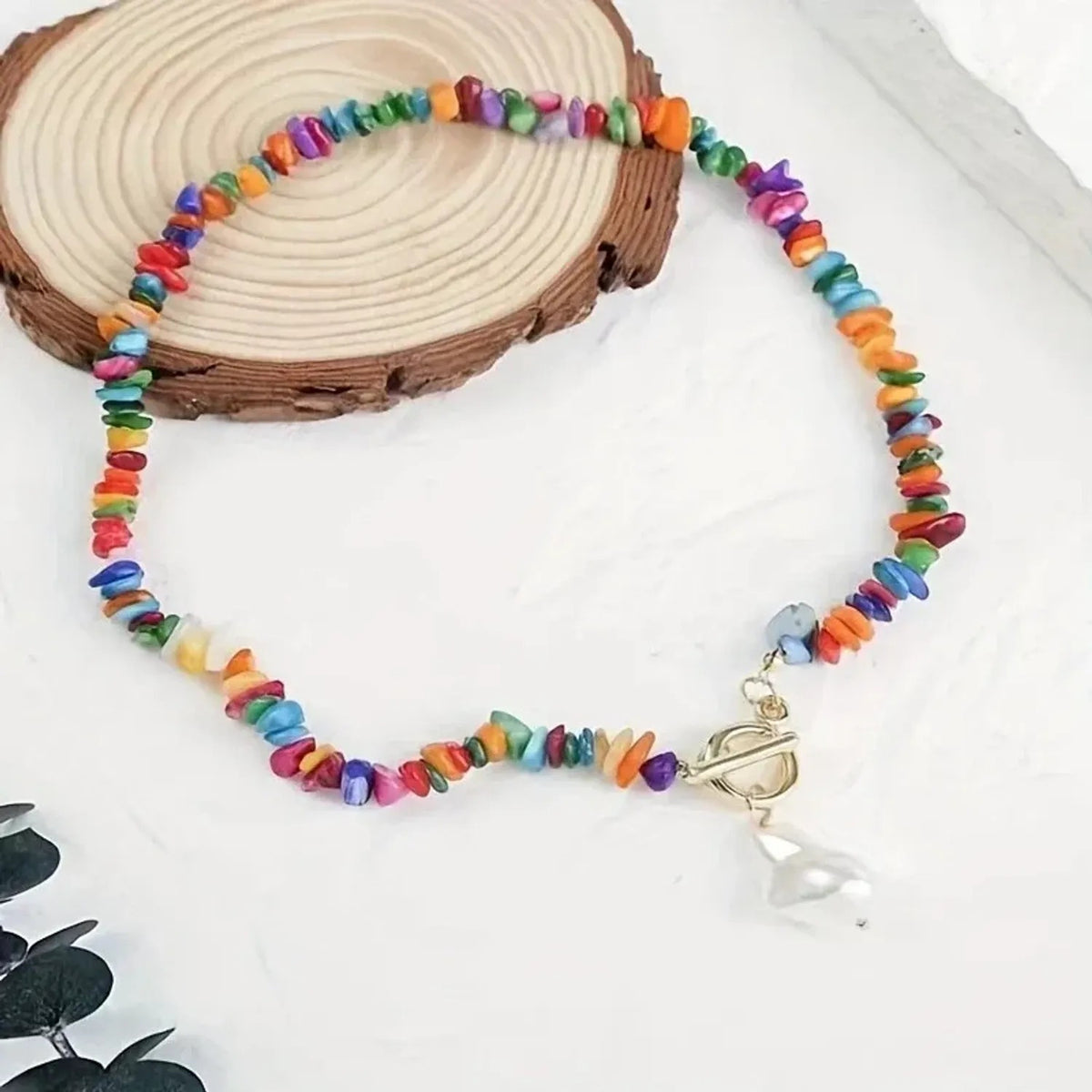 Linda's Look Bohemian Confetti Stone Necklace - Baroque Pearl and Mother-of-Pearl Toggle Chain
