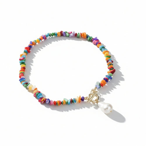 Linda's Look Bohemian Confetti Stone Necklace - Baroque Pearl and Mother-of-Pearl Toggle Chain
