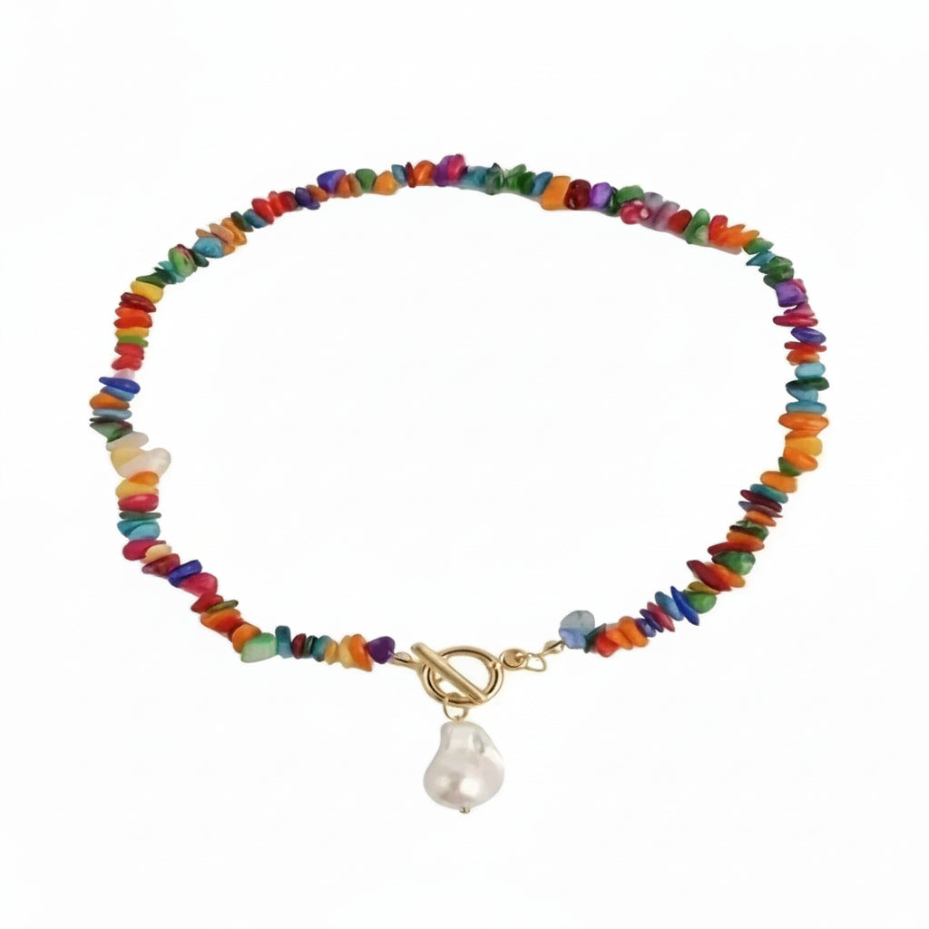 Linda's Look Bohemian Confetti Stone Necklace - Baroque Pearl and Mother-of-Pearl Toggle Chain