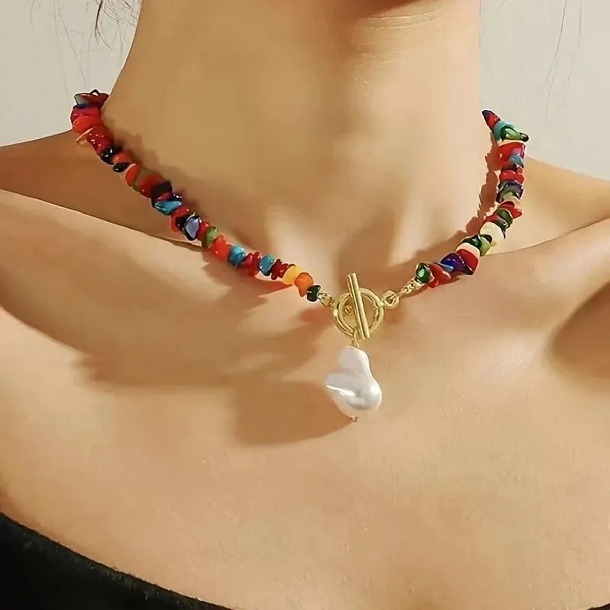 Linda's Look Bohemian Confetti Stone Necklace - Baroque Pearl and Mother-of-Pearl Toggle Chain