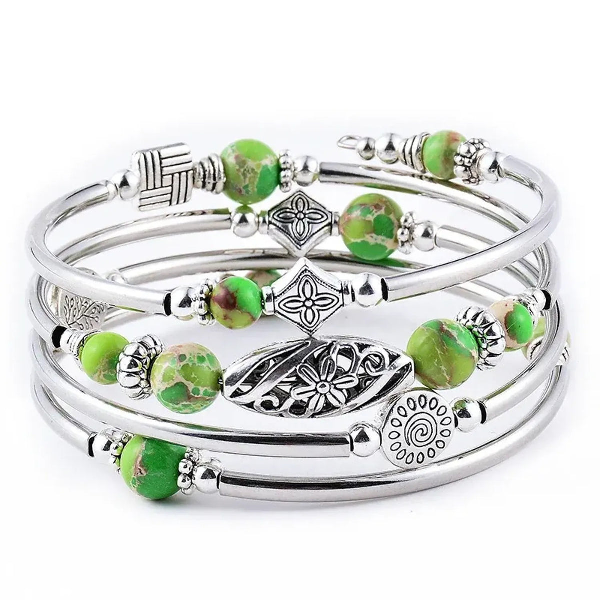 Linda's Look Bohemian Four-Wrap Beaded Bracelet - Natural Stone Beads, Sixteen Stones