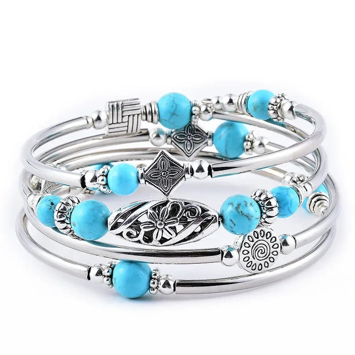 Linda's Look Bohemian Four-Wrap Beaded Bracelet - Natural Stone Beads, Sixteen Stones