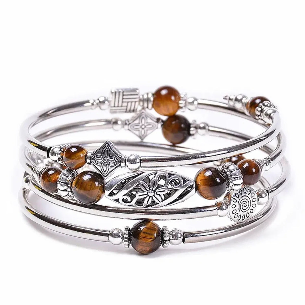 Linda's Look Bohemian Four-Wrap Beaded Bracelet - Natural Stone Beads, Sixteen Stones