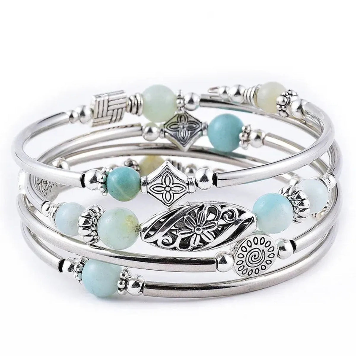 Linda's Look Bohemian Four-Wrap Beaded Bracelet - Natural Stone Beads, Sixteen Stones