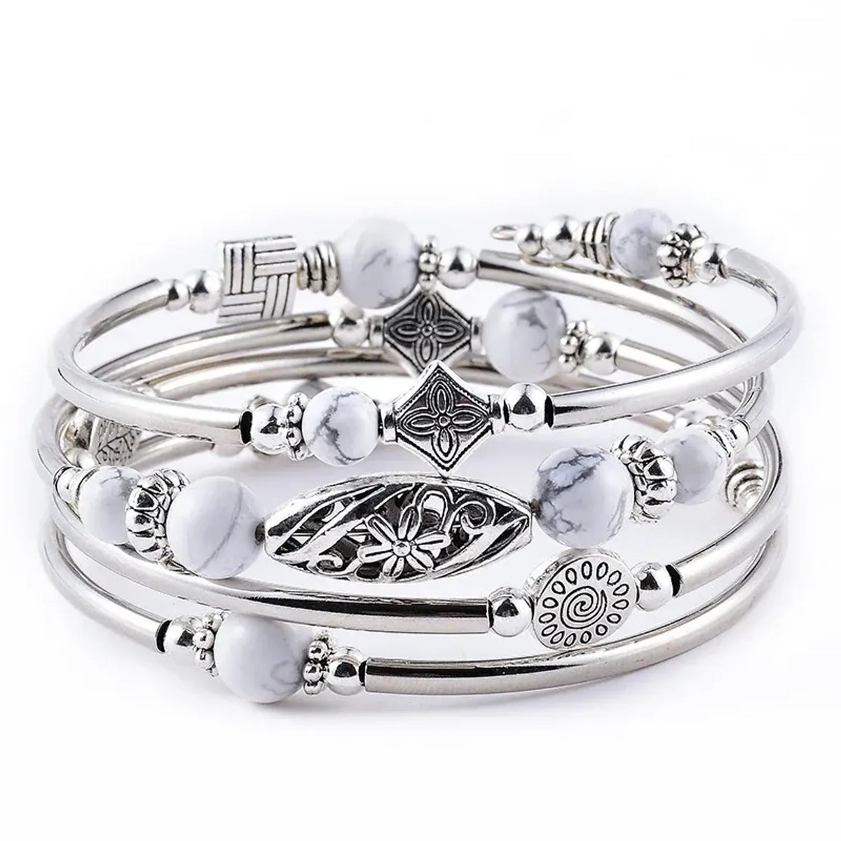 Linda's Look Bohemian Four-Wrap Beaded Bracelet - Natural Stone Beads, Sixteen Stones