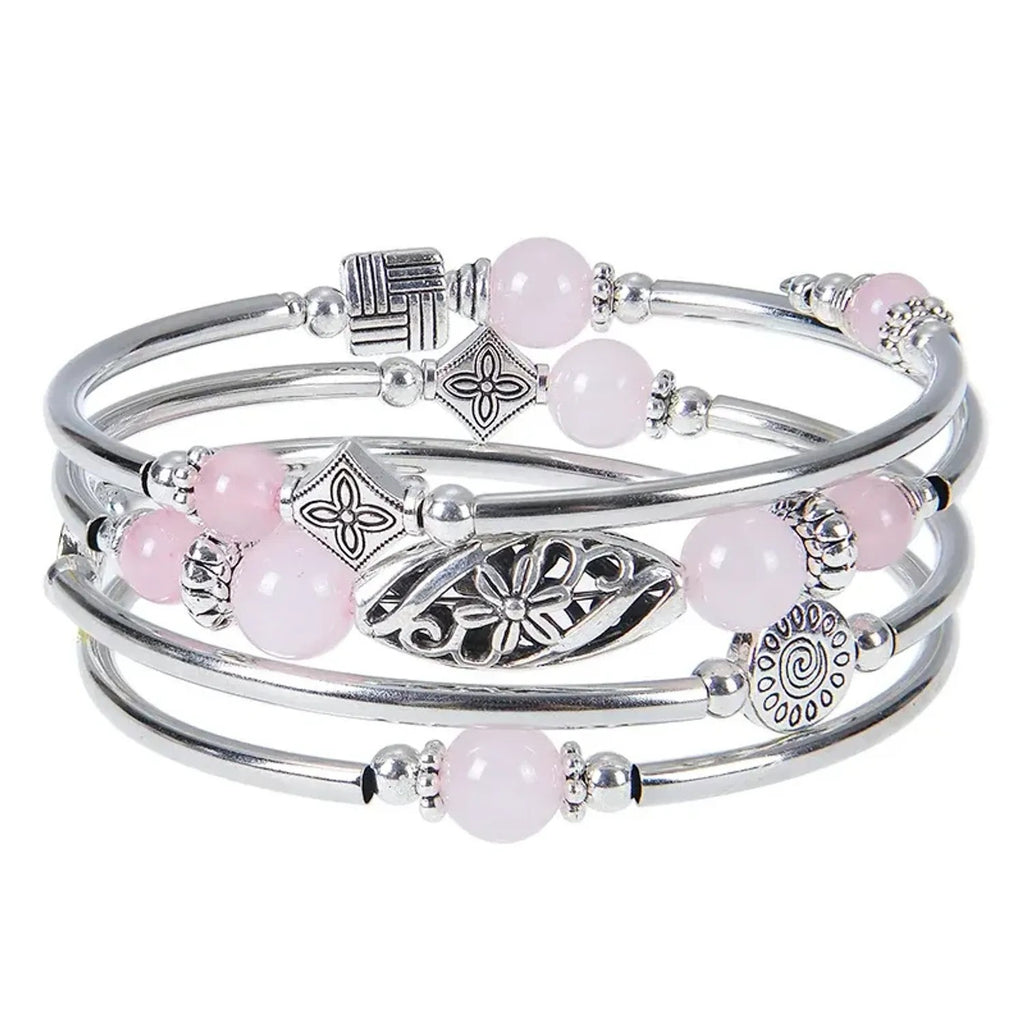 Linda's Look Bohemian Four-Wrap Beaded Bracelet - Natural Stone Beads, Sixteen Stones