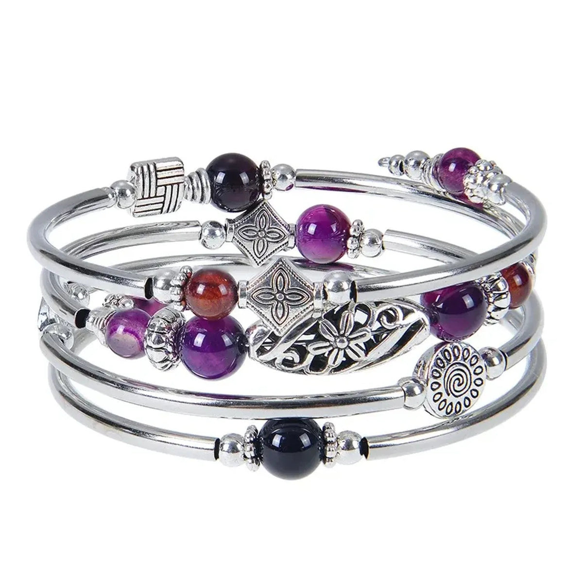 Linda's Look Bohemian Four-Wrap Beaded Bracelet - Natural Stone Beads, Sixteen Stones