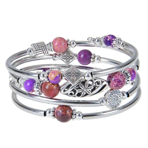 Linda's Look Bohemian Four-Wrap Beaded Bracelet - Natural Stone Beads, Sixteen Stones