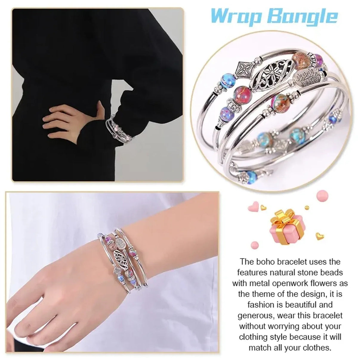 Linda's Look Bohemian Four-Wrap Beaded Bracelet - Natural Stone Beads, Sixteen Stones