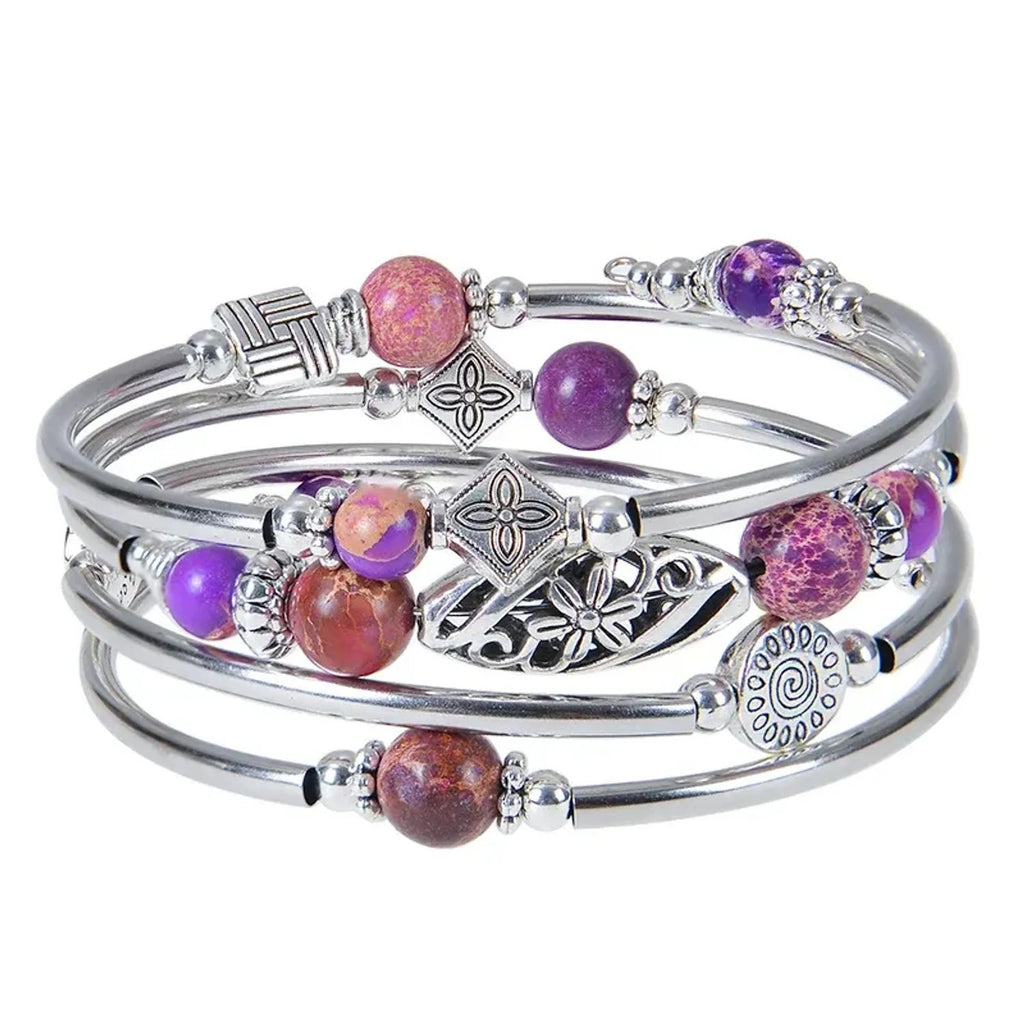Linda's Look Bohemian Four-Wrap Beaded Bracelet - Natural Stone Beads, Sixteen Stones