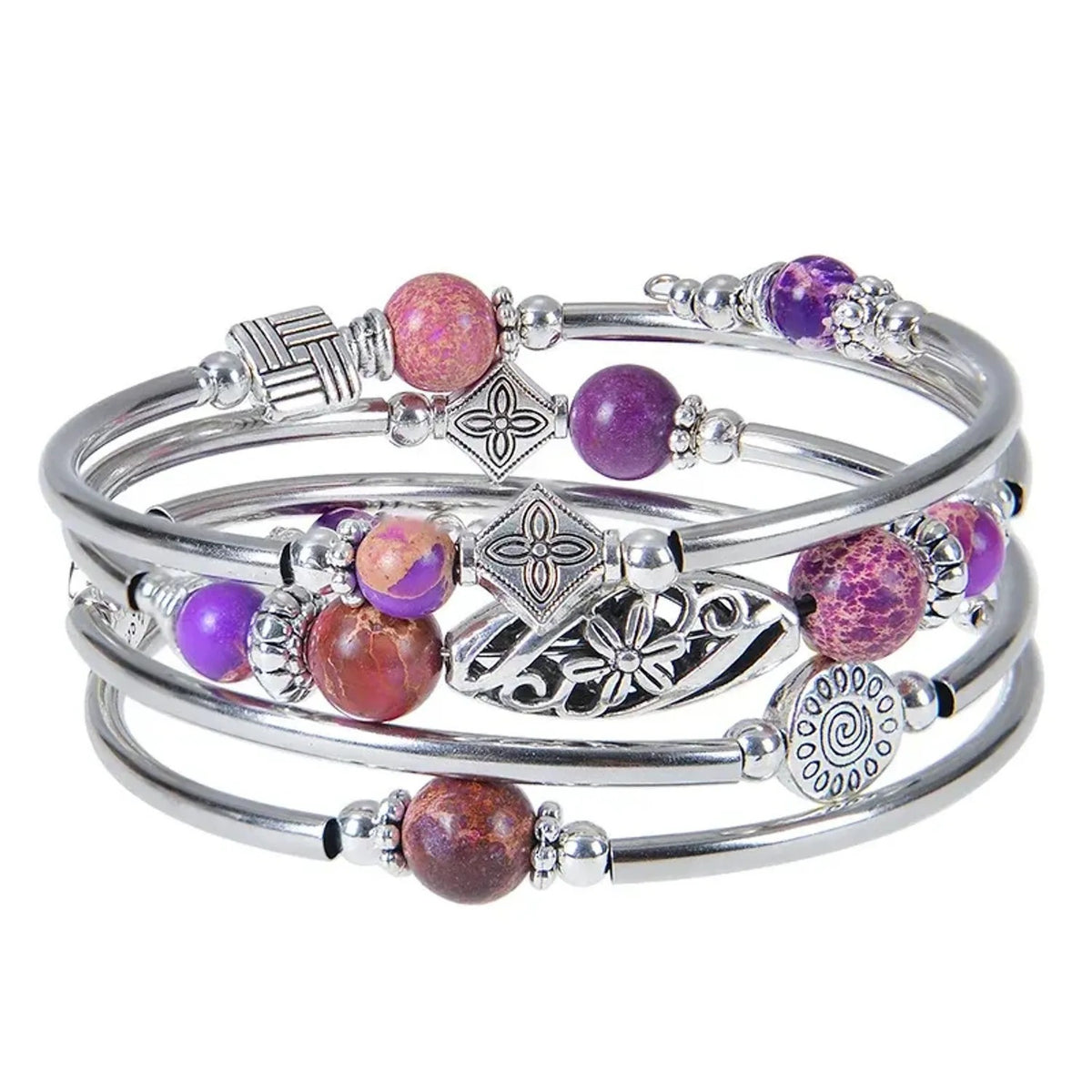 Linda's Look Bohemian Four-Wrap Beaded Bracelet - Natural Stone Beads, Sixteen Stones