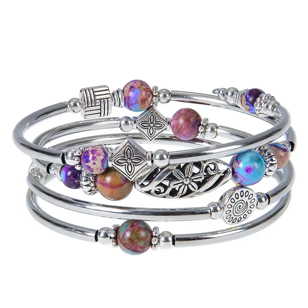 Linda's Look Bohemian Four-Wrap Beaded Bracelet - Natural Stone Beads, Sixteen Stones