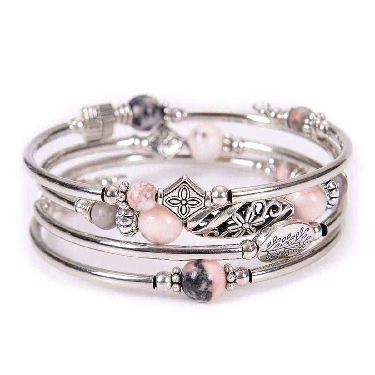 Linda's Look Bohemian Four-Wrap Beaded Bracelet - Natural Stone Beads, Sixteen Stones