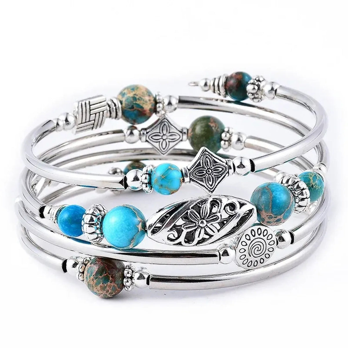 Linda's Look Bohemian Four-Wrap Beaded Bracelet - Natural Stone Beads, Sixteen Stones