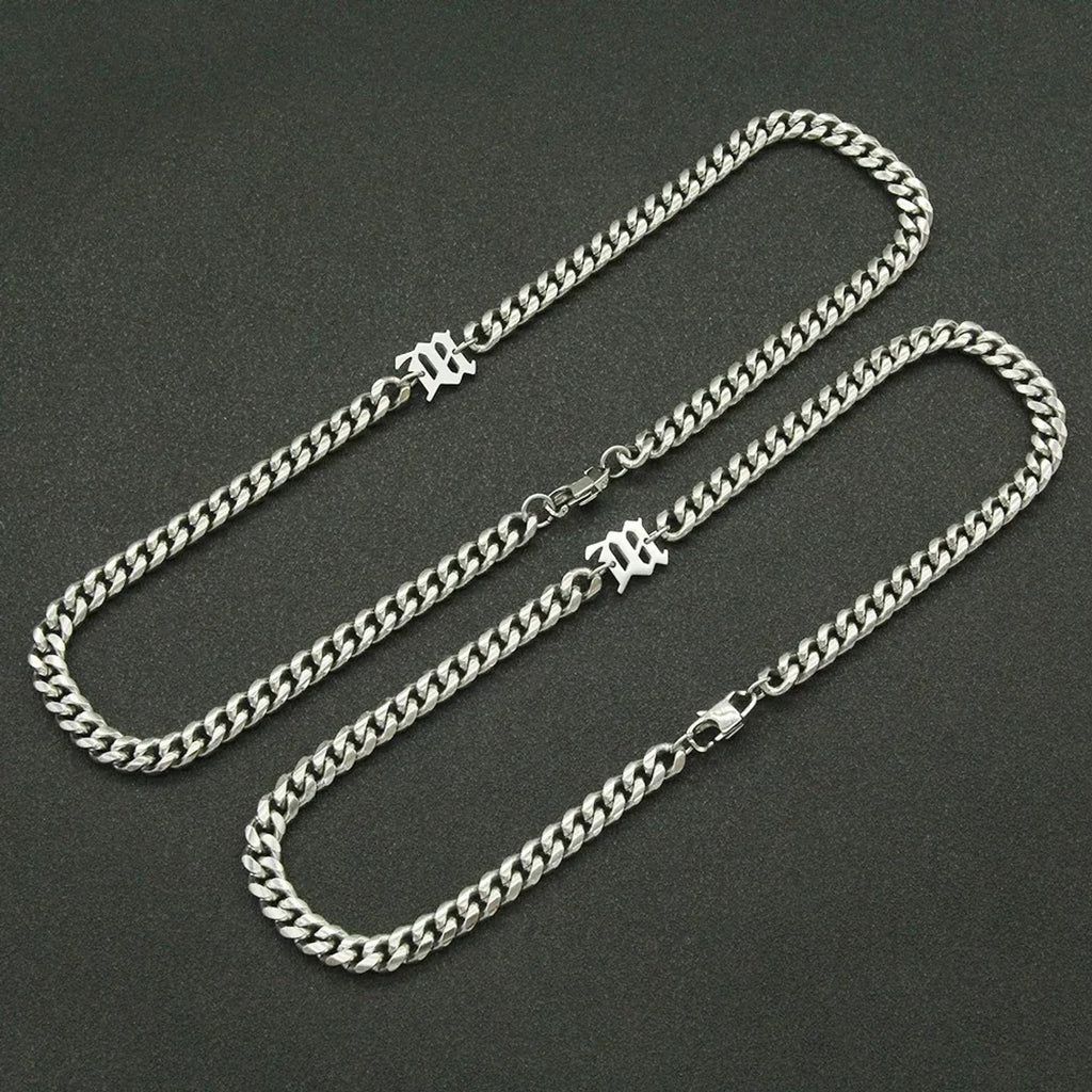 Linda's Look Bold Cuban Link Chain - Silver Titanium Steel Necklace and Bracelet