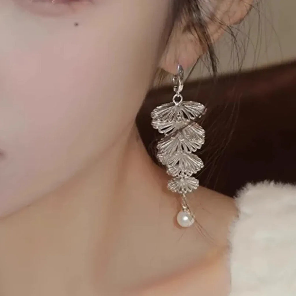 Linda's Look Cascading Pearl Tassel Earrings - Openwork Floral Brass Drops