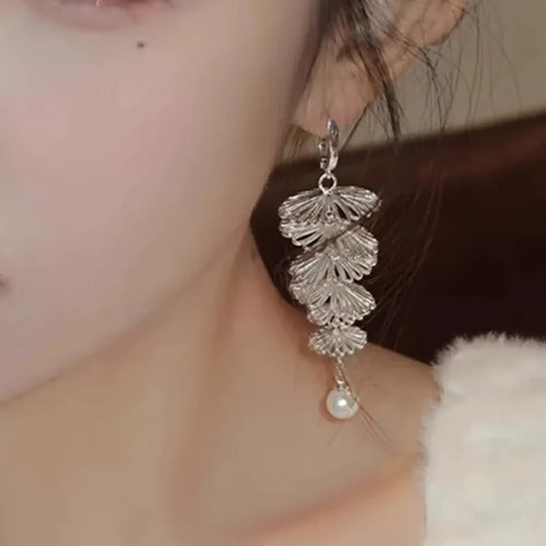 Linda's Look Cascading Pearl Tassel Earrings - Openwork Floral Brass Drops