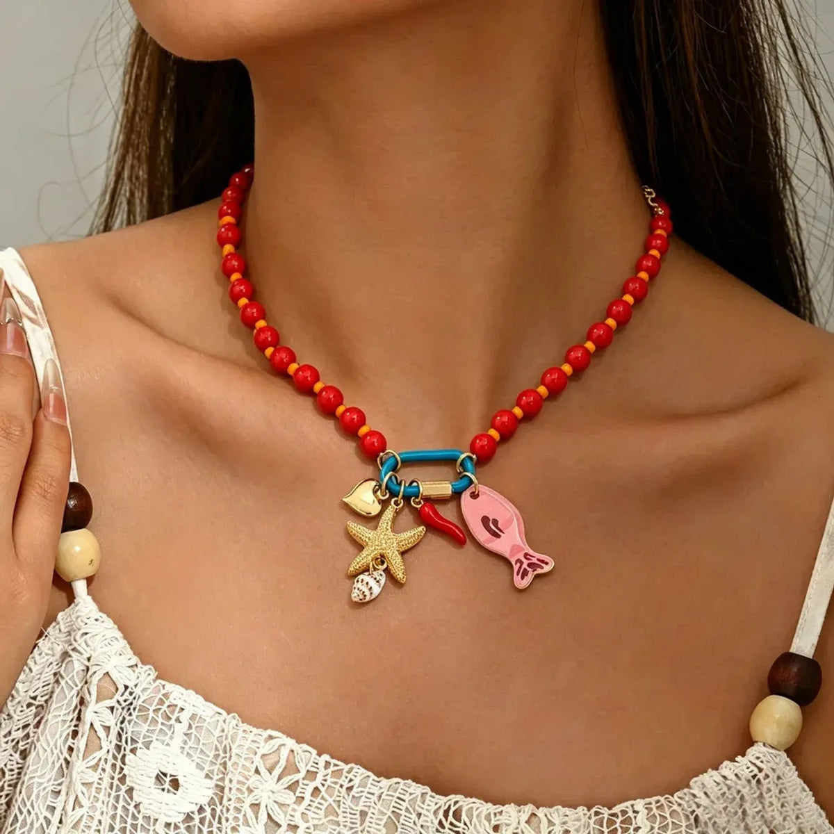 Linda's Look Coastal Starfish Bead Necklace - Woven Multicolour Shell and Fish Charm Chain