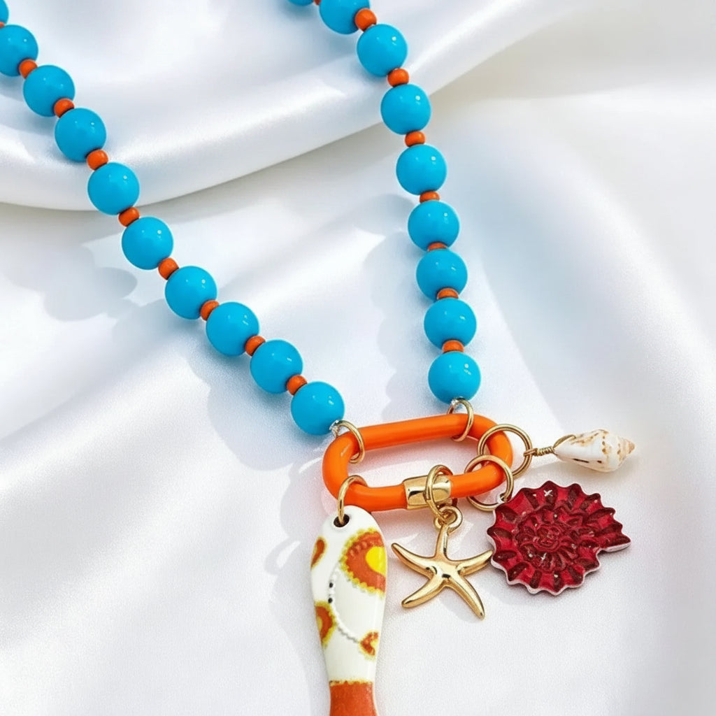Linda's Look Coastal Starfish Bead Necklace - Woven Multicolour Shell and Fish Charm Chain