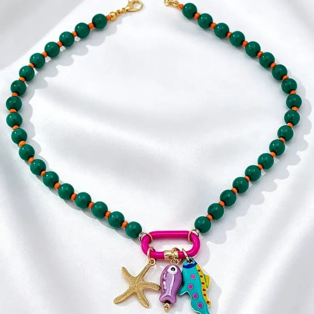 Linda's Look Coastal Starfish Bead Necklace - Woven Multicolour Shell and Fish Charm Chain