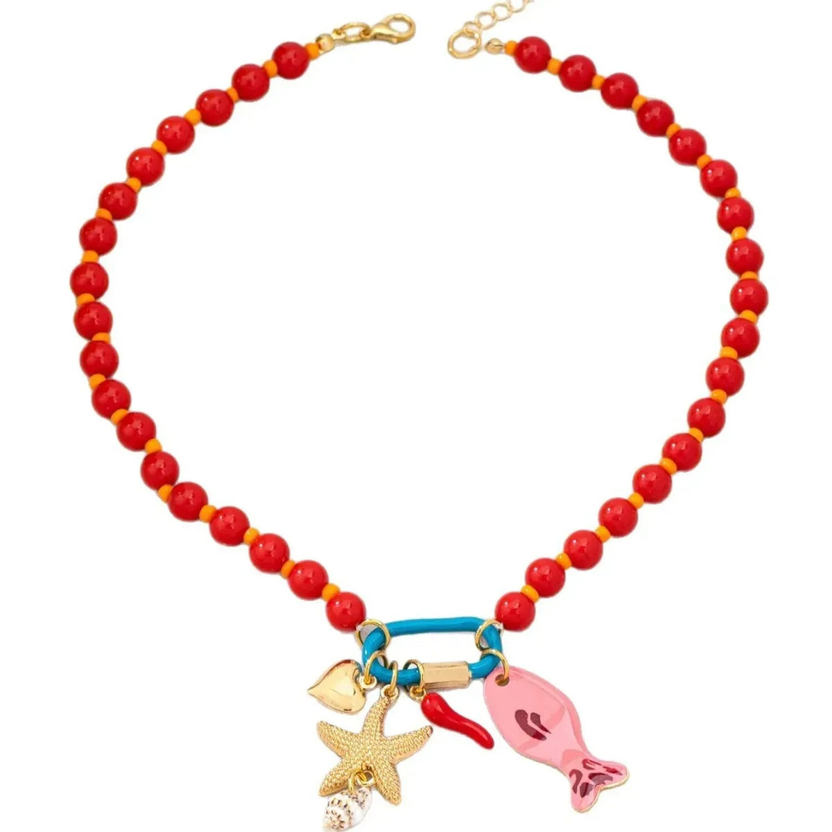 Linda's Look Coastal Starfish Bead Necklace - Woven Multicolour Shell and Fish Charm Chain