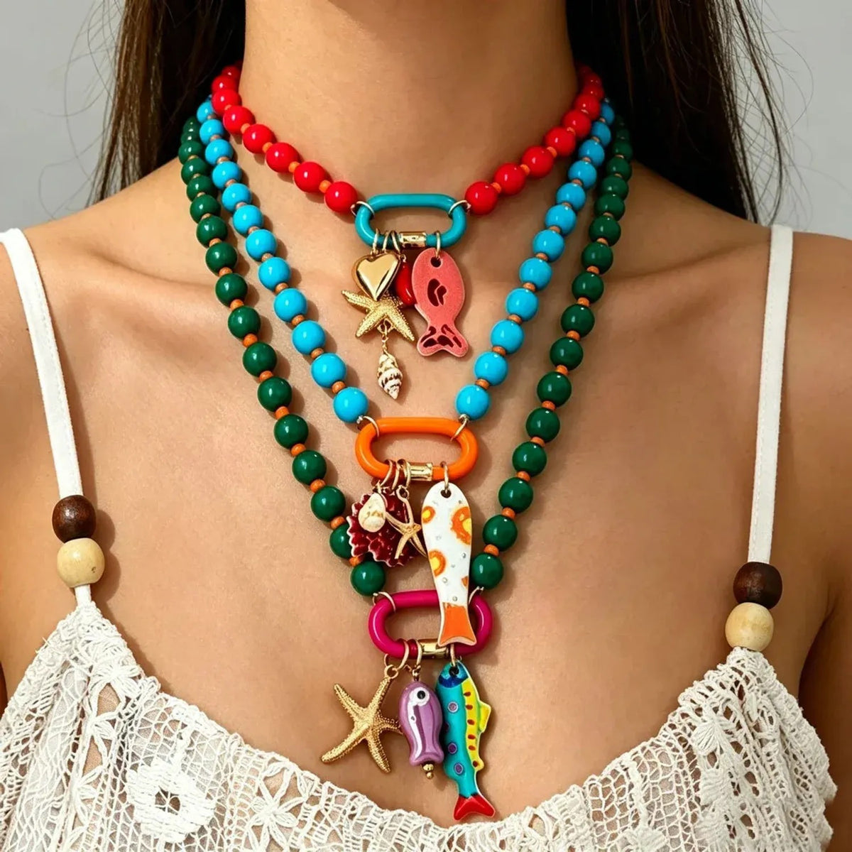 Linda's Look Coastal Starfish Bead Necklace - Woven Multicolour Shell and Fish Charm Chain