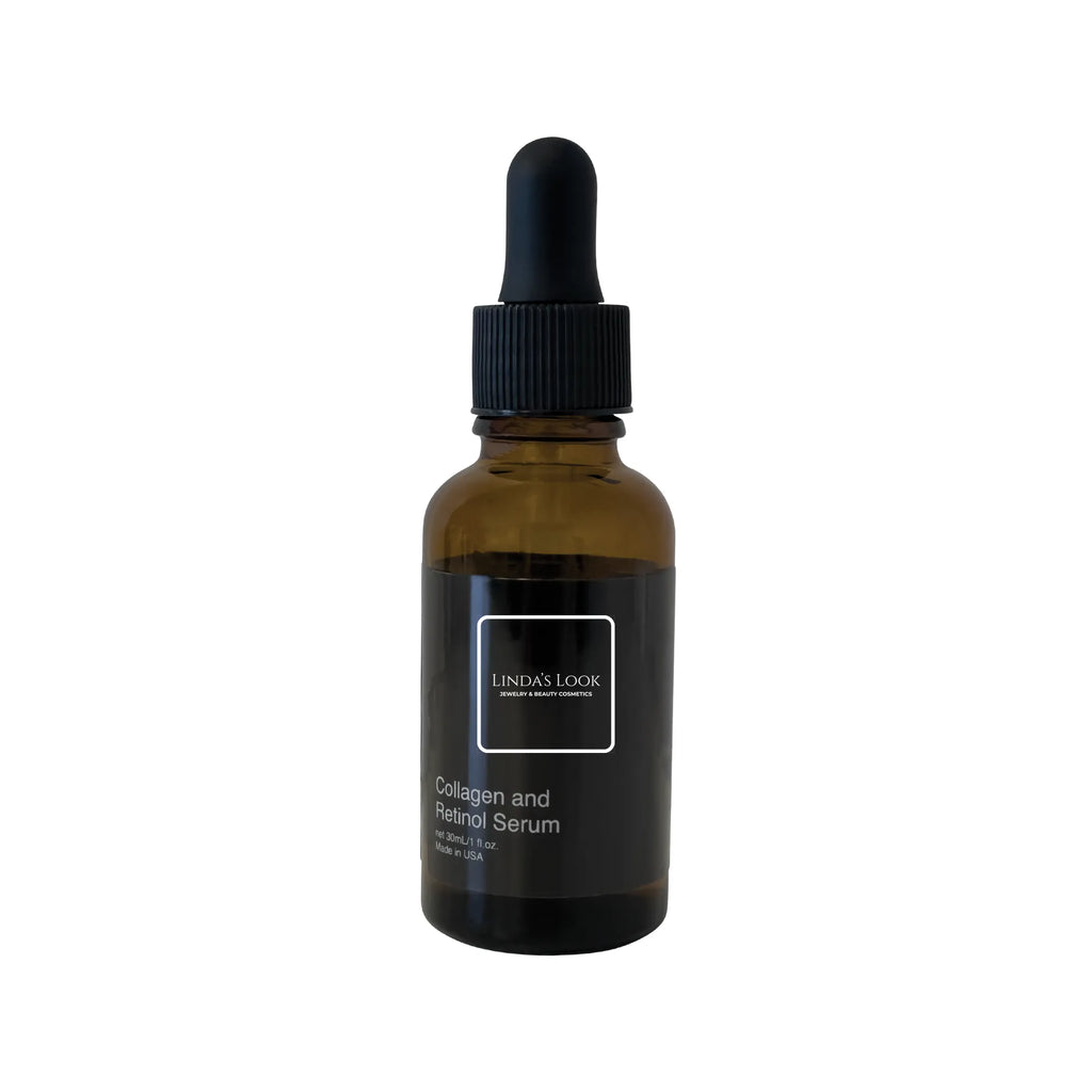 Linda's Look Collagen and Retinol Serum, retinol collagen and hyaluronic acid face serum bottle, front view on white background