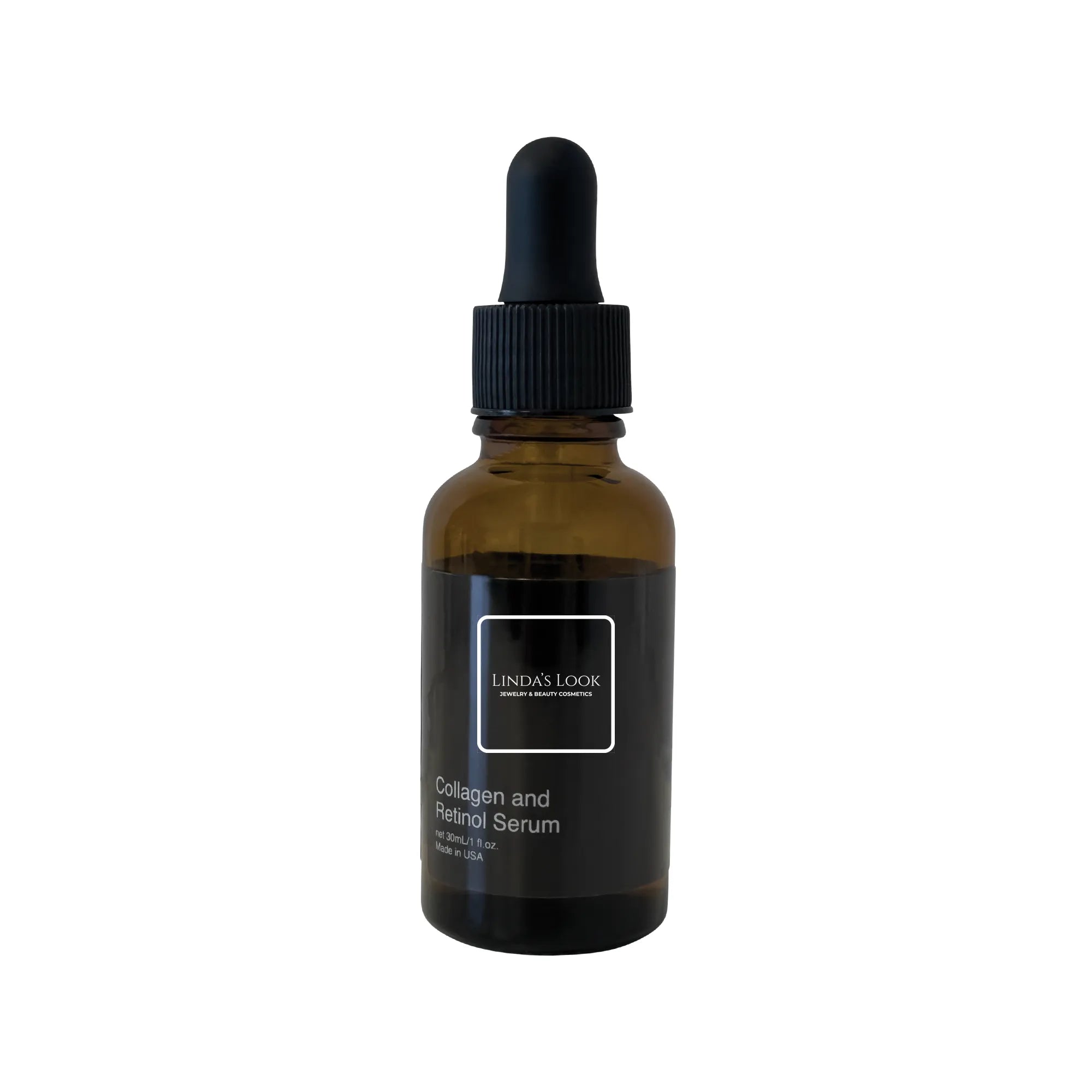 Linda's Look Collagen and Retinol Serum, retinol collagen and hyaluronic acid face serum bottle, front view on white background