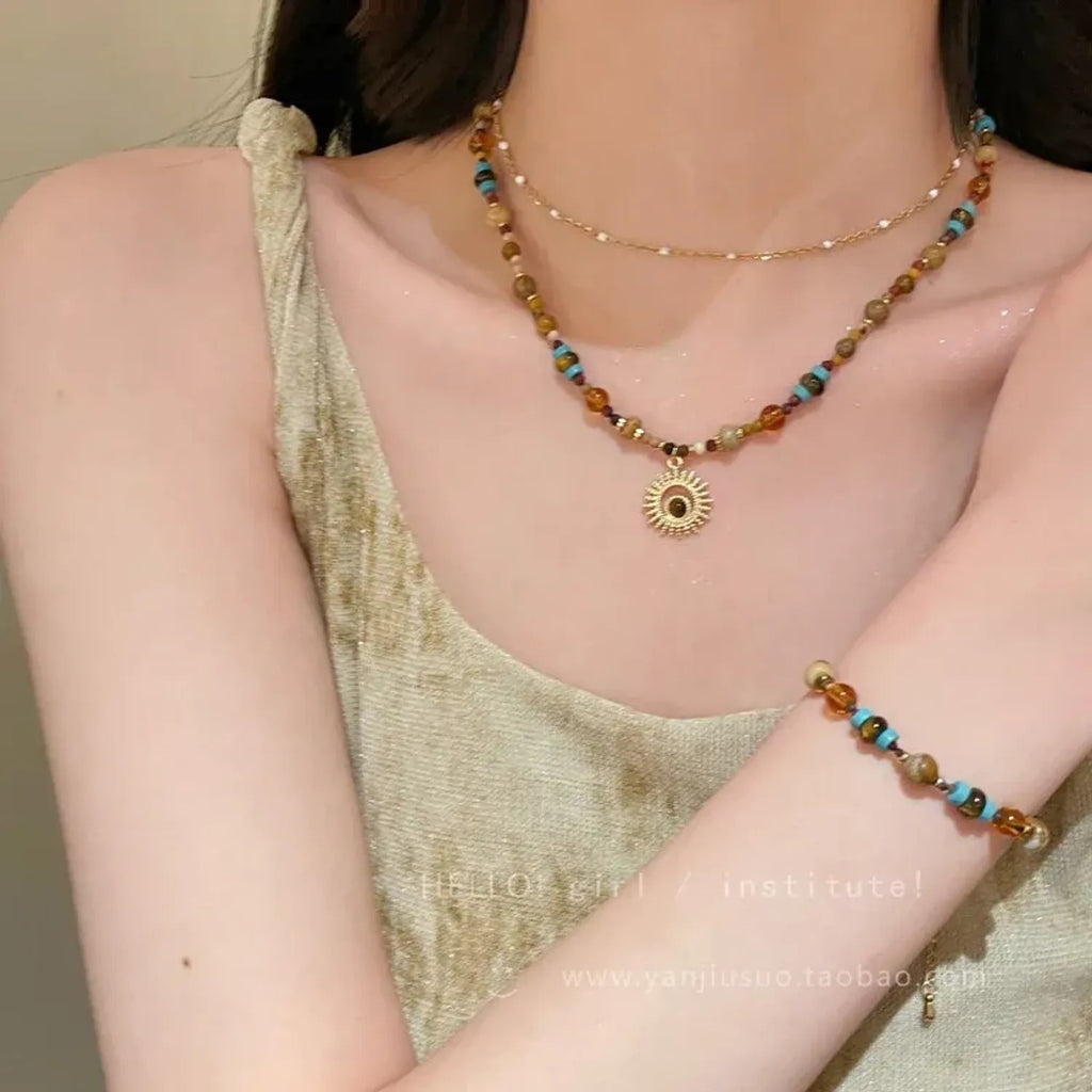 Linda's Look Colorful Gemstone Beaded Necklace with Tiger's Eye and Turquoise