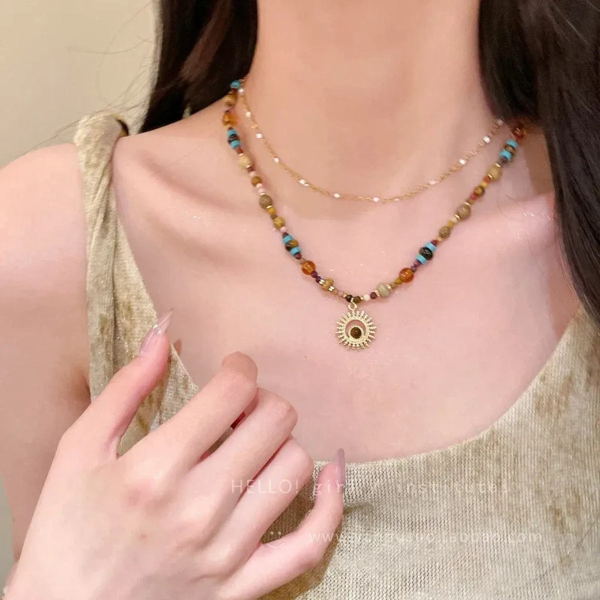 Linda's Look Colorful Gemstone Beaded Necklace with Tiger's Eye and Turquoise